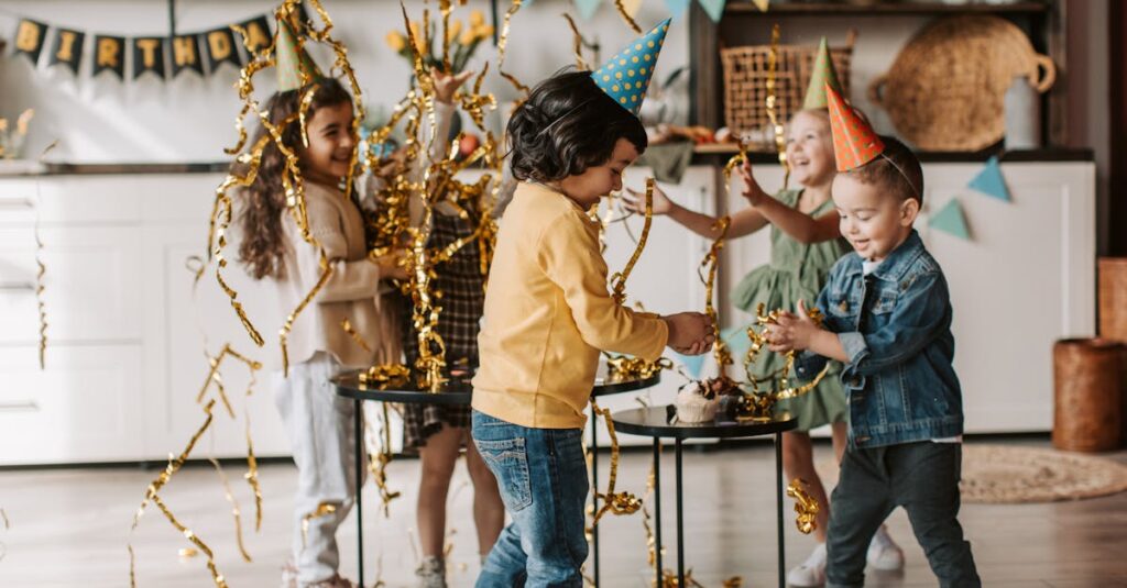 Kids enjoying a birthday party with decorations, party hats, and laughter indoors.